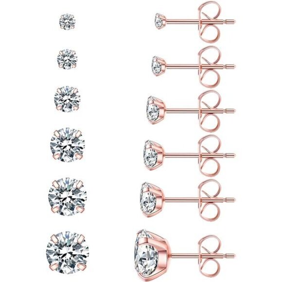 6 Pairs Rose Gold Stud Earrings Set, Hypoallergenic Cubic Zirconia 316L Earrings - Picture 1 of 6